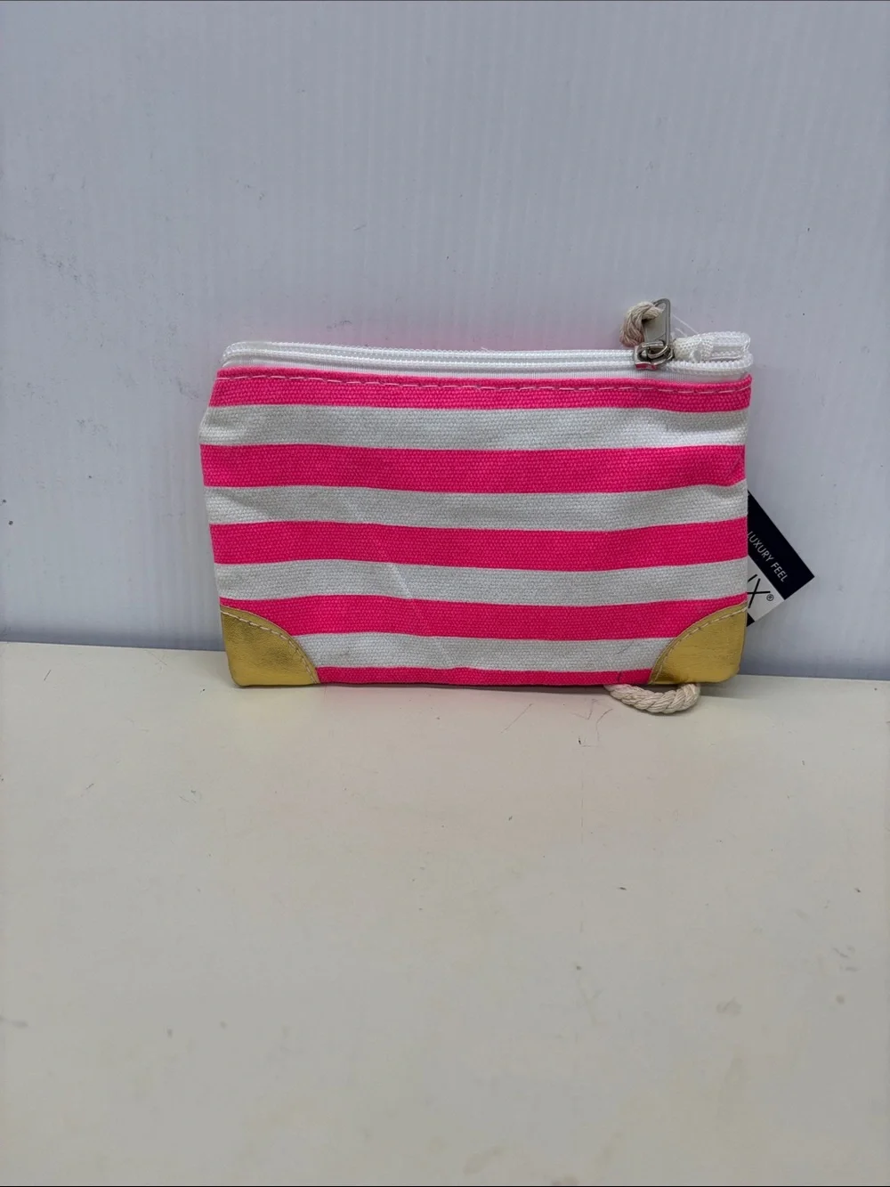 NWT Aqualux Pink & White Stripe Canvas Cosmetic Pouch with Gold Accents